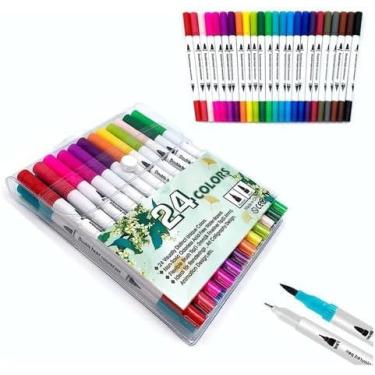 Imagem de Canetinha Ponta Dupla para Colorir Kit Estojo de Canetas Escolar Marcador Coloridas Permanente Duas Pontas Desenho Ponta Fina (24 CORES) Premium
