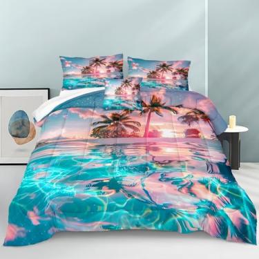 Imagem de Bedrom Conjunto de edredom Queen com palmeira tropical e oceano, 4 peças, rosa, pôr do sol, azul, litoral, romântico, natural, decoração de quarto