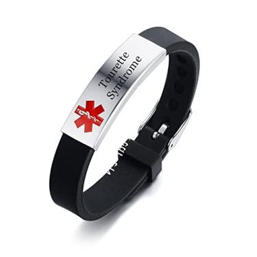 Imagem de ForeverWill Pulseira ajustável de conscientização da síndrome de Tourette, alerta médico, nome da condição de saúde, nome ICE, pulseira de silicone personalizada para mulheres e homens, 4 cores