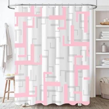 Imagem de BTTN Cortina de chuveiro de tecido Stall, conjunto de cortina de chuveiro de pano geométrico pequeno de 91 cm x 182 cm com 6 ganchos de plástico, cortinas de chuveiro estreitas de hotel spa metade