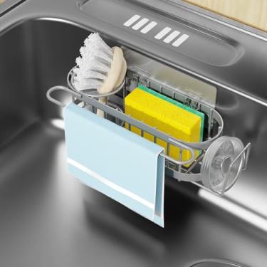 Imagem de Cisily Suporte de esponja cinza para pia de cozinha na pia, organizador de pia de cozinha de aço inoxidável, suporte de escova, gancho de pano de prato, suporte de rolha de pia com 2 formas de