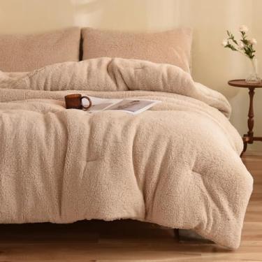 Imagem de LLanCL Conjunto de edredom sherpa tamanho king reversível, pele de pelúcia aconchegante alternativa de plumas, macio macio para todas as estações com 2 fronhas, bege