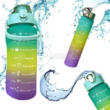 Imagem de Kit 3 Garrafas De água Motivacionais Squeeze Tie Dye 2 Litros Coloridas Adesivos 2d E 3d - Verde