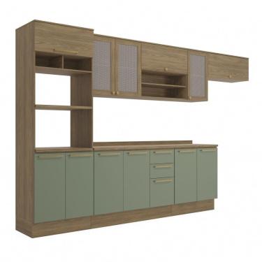Imagem de Cozinha Completa 6 Peças com Armário e Balcão Kappesberg Botânic 360cm Nogueira/Verde Oliva - CB869