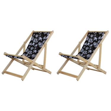 Imagem de Kit 2 Espreguiçadeiras Preguiçosa Dobrável sem Braço Madeira Maciça com Tecido Colorido