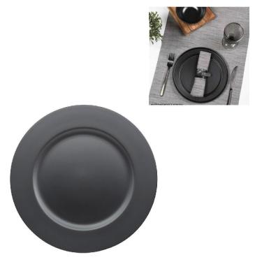 Imagem de Sousplat Preto Organizador Redondo Mesa Em Inox Prato Buffet Restauante Multiuso Grande 33cm