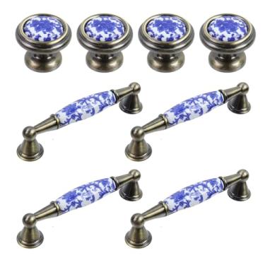 Imagem de MY MIRONEY Puxadores e puxadores de cerâmica porcelana azul e branca e liga de zinco, adequado para armários, guarda-roupas, penteadeira com parafusos, centros de furos de 9,6 cm, 4 peças e botão