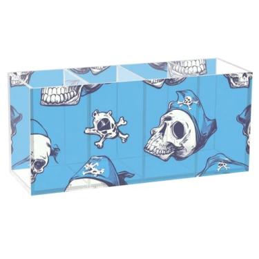 Imagem de Porta-lápis de acrílico Skulls Pirata azul escarlate para mesa, 4 compartimentos, organizador de arte transparente, organizador de pincéis de plástico para quarto, material escolar
