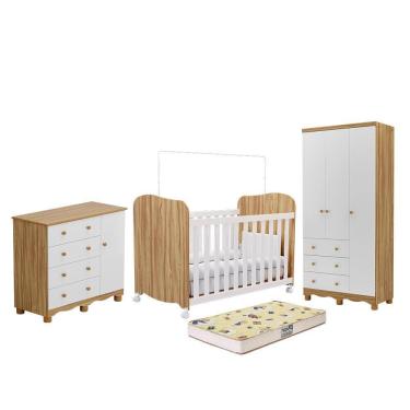 Imagem de Dormitório Júnior Guarda Roupa 3 Portas, Cômoda 1 Porta e Berço Uli com Colchão Supreme - Móveis Peroba