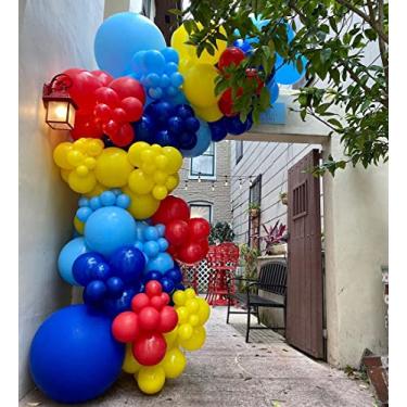 Imagem de Gaoobai Kit de arco de guirlanda de balões azuis vermelhos e amarelos - DIY 142 peças de balão para chá de bebê, chá de panela, revelação de gênero, decorações de festa de aniversário, suprimentos
