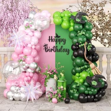 Imagem de Pink Silver Green Black Balloon Arch Kit, 153 Pcs Wick Balloons with Iridescent Exploding Star Balloons for Princess Witch Birthday Themed Party Decorations Fairy Wonderlad Party Supplies