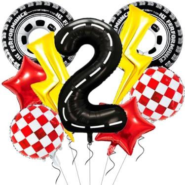 Imagem de Lightning Race Car Birthday Party Decorations 30Inch Tire Race Car Balloons Lightning Bolt Foil Balloon 40 Inch Racetrack Number 2 Balloon Large Foil for 2nd Cars Themed Birthday Party Decor Supplies