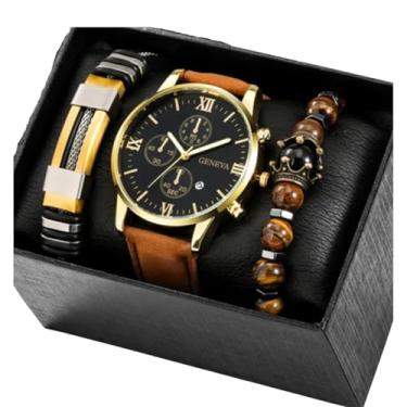 Imagem de Relógio Masculino Couro Alfa Luxuoso Geneva + Kit Pulseiras (Marrom)