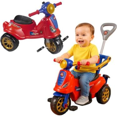 Imagem de Triciclo Infantil 3 em 1, Passeio e Pedal com Haste Removível, Vermelho e Azul, 51x41x76cm, Suporta até 25kg,Triciclo Infantil De Passeio E Pedal Andador Avespa Spider