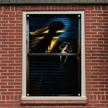 Imagem de Saoplasa Capa de janela de Dia das Bruxas, 119 x 78 cm, pôster assustador de assassino mascarado, adesivo de janela de terror, decoração de casa assombrada, decalque de faca assustadora para decoração