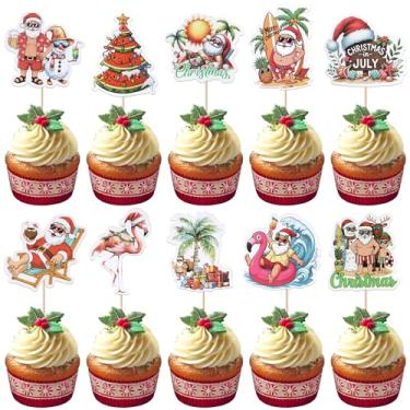 Imagem de Rsstarxi 40 Pack Summer Christmas Cupcake Toppers Christmas in July Cake Decorations Santa Surfboard Snowman Flamingo Cupcake Picks for Summer Beach Pool Birthday Party Decors