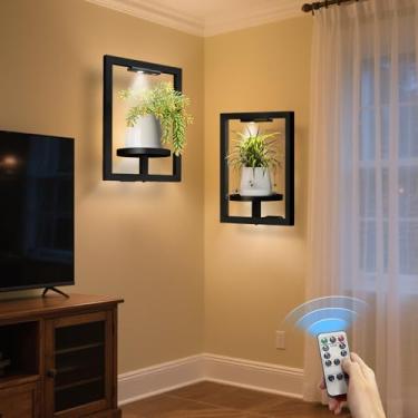 Imagem de BAOYOUNI Pacote com 2 porta-retratos para parede com luz, prateleira de metal para janela de plantas, suporte moderno para plantas flutuantes para ambientes internos e externos, pátio, varanda, jardim