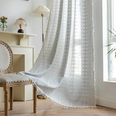 Imagem de Cortinas boho de linho 160 cm de comprimento, 2 painéis para quarto de estar, sala de estar, berçário, lindas, bordadas, de algodão, transparente, para casa de fazenda, cortinas de filtragem de luz