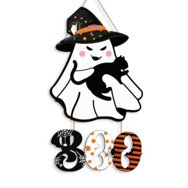 Imagem de Pigort Decoração de Halloween fofo boo e gato preto arte de parede de Halloween decoração de casa para festa porta da frente 24 x 44,5 cm