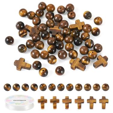 Imagem de Sparkeads Kit de confecção de terços, 52 peças, cruz de olho de tigre, contas de Páscoa de 8 mm, contas redondas de pedras preciosas em massa com fio elástico para colar, joias, pulseira, brinco, faça