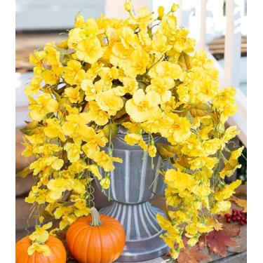 Imagem de HyeFlora Flores de hibisco, flores artificiais penduradas, plantas para decoração de outono ao ar livre, 4 peças, videiras de hibisco de seda amarela, flores falsas realistas, resistentes a UV para