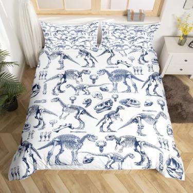 Imagem de Capa de edredom de esqueleto de dinossauro, tamanho casal, conjunto de cama de animais selvagens, 3 peças para decoração de quarto de crianças, meninas, meninos, adolescentes, azul marinho, desenho de