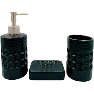 Imagem de Kit Banheiro 3 Peças em Porcelana Premium – Dispenser, Saboneteira e Porta Escovas | Design Moderno, Elegante e Funcional para Organização e Decoração (Preto)