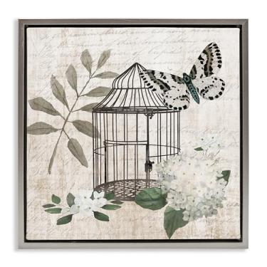 Imagem de Stupell Industries Design de arte de parede em tela flutuante cinza floral borboleta vintage Menagerie por Nan, 63 x 63 cm
