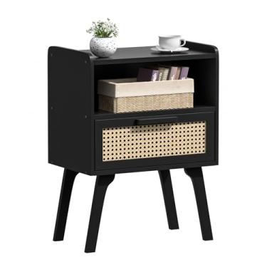 Imagem de Lerliuo Mesa de cabeceira de vime, mesa de cabeceira com gaveta aberta, mesa lateral com detalhes de bengala com pernas de madeira maciça, suporte noturno preto de meados do século para quarto