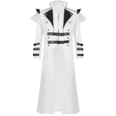 Imagem de BITSEACOCO Fantasia masculina steampunk, casaco longo gótico medieval, jaqueta punk vitoriana com zíper duplo (branco, G)