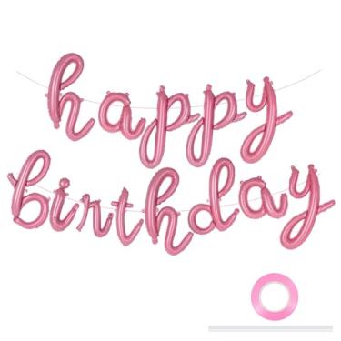 Imagem de Pink Happy Birthday Balloons, Script Foil Mylar Birthday Letter Balloon, Cursive Happy Birthday Banner for Kids and Adults Birthday Party Decorations (Pink)