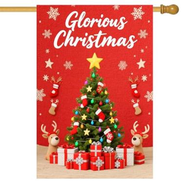 Imagem de BlissYard Gloriosa bandeira de jardim de Natal presentes de árvore de natal bandeira de casa de rena 71 x 101 cm bandeiras de quintal grandes dupla face para varanda casa ao ar livre férias de inverno