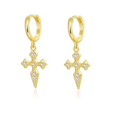 Imagem de Lansora Brincos de argola de cruz CZ Cruz Huggie brincos pendentes banhados a ouro argola articulada com zircônia cúbica prata Post joia elegante para mulheres, Latão, Sem pedra preciosa