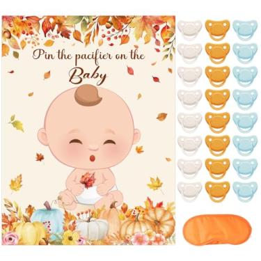 Imagem de Faccito Pin The Pacifier Baby Shower Game Little Pumpkin Decorações de Chá de Bebê Inclui Pôster de Abóbora de Outono 24 Adesivos de Chupeta e Venda para Outono Ação de Graças Decoração de Festa de