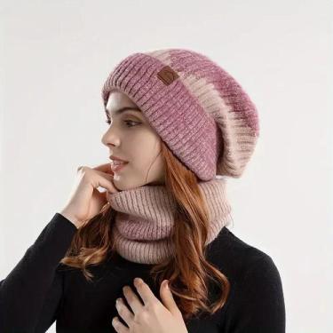 Imagem de Gorro Feminino De Inverno Quente Em Dois Tons Com Babador De Veludo E 