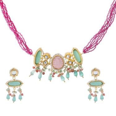 Imagem de Bodha Kundan multicolorido banhado a ouro, colar gargantilha com contas de pérola CZ com brincos maching, conjunto de joias para mulheres (SJN_298_P), 16, Latão, Sem Pedra Preciosa