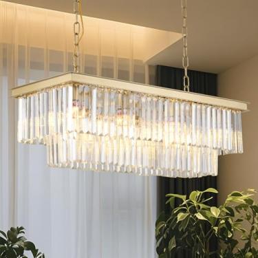 Imagem de Laiuetai Lustre retangular dourado 31,5 polegadas - pingente de cristal moderno de luxo de 8 luzes, luminária ajustável em altura para sala de jantar, ilha de cozinha e bar - Cristais K9 premium (ouro
