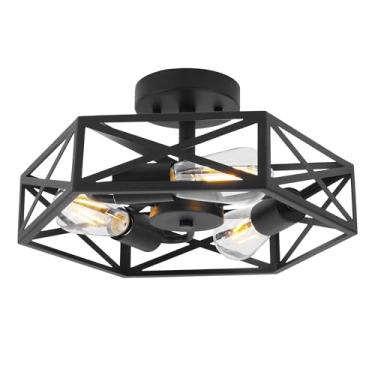Imagem de WYNEYET Luminária de teto gaiola de 35 cm, luzes de teto de montagem semi-embutida para casa de fazenda, luzes de teto de 3 luzes pretas de metal para quarto, sala de estar, entrada de cozinha e