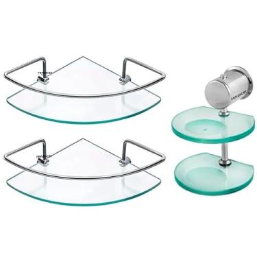 Imagem de Kit Acessórios para Banheiro em Vidro e Alumínio, Prateleira de Canto 29x20cm, Saboneteira Dupla, Super Resistente, 6mm, Incolor
