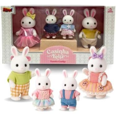 Imagem de Casinha Feliz Família Coelho, Bonecos de Pelúcia Articulados, 4 Personagens com Roupas Removíveis, Brinquedo Infantil, +3 Anos