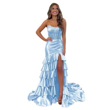 Imagem de Vestido formal Mollyevers azul claro, cetim, sereia, tamanho 24W