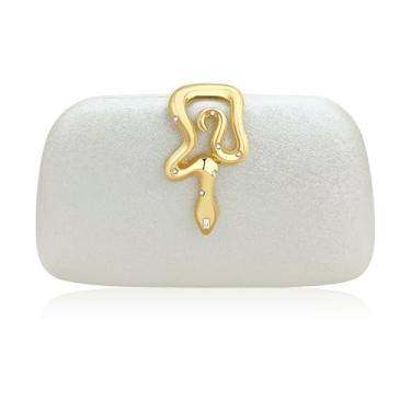 Imagem de KOLODOGO Bolsa clutch feminina com glitter para noite com fivela de cobra dourada, elegante bolsa de noite para festa de formatura, Branco, Medium