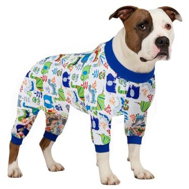 Imagem de LovinPet Roupas para Cães Extragrandes-Pijamas para Cães Grandes, Tecido Elástico Leve, Estampa de Dinossauro Branco, Macacão para Cães, Camisa para Alívio da Ansiedade de Animais de Estimação, Fantas