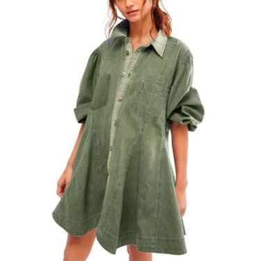 Imagem de Vestido jeans Gozoloma de mangas longas em forma de balão A Line Green