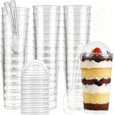 Imagem de YAYODS Pacote com 100 copos de sobremesa de plástico de 85 g com colheres e tampas, mini copos atiradores para sobremesas, copos de plástico transparente para aperitivo, copos de shot para sobremesas,