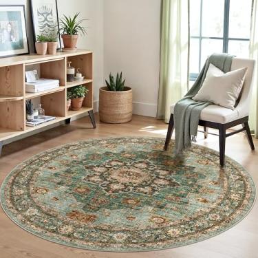 Imagem de TOPRUUG Tapete de área oriental lavável – Tapetes redondos de 1,5 m para sala de estar, tapete macio para quarto, impermeável, floral, envelhecido, resistente a manchas, resistente a manchas (verde