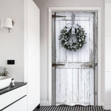 Imagem de Miyotaa Conjunto de cortina de chuveiro Stall Christmas Wreath 91 cm L x 188 cm A meia pequena porta de celeiro de Natal rústica casa de fazenda rural feriado cortina de banheiro impermeável com 7