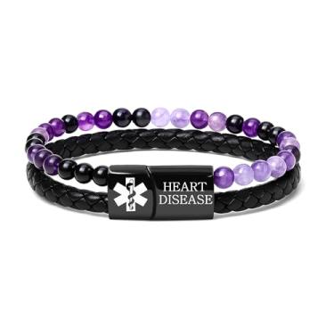 Imagem de Zircobic Pulseiras personalizadas de alerta médico com etiquetas de aço inoxidável gravadas a laser e códigos QR personalizados – Couro PU e contas de ágata para uso diário e identificação de saúde