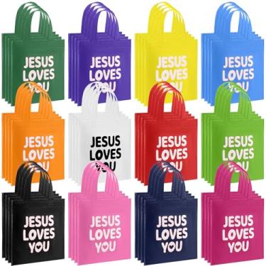 Imagem de Amylove 24 sacos de presente Jesus Loves You a granel reutilizável cristão religioso saco de presente com alças não tecido 24 x 29 cm sacola de doces para Páscoa VBS igreja domingo escola Jesus