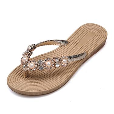 Imagem de BININBOX Chinelos femininos modernos de verão com flores e pérolas casuais, sandálias femininas de praia com bico aberto, boho, chinelos planos para mulheres, Dourado, 36